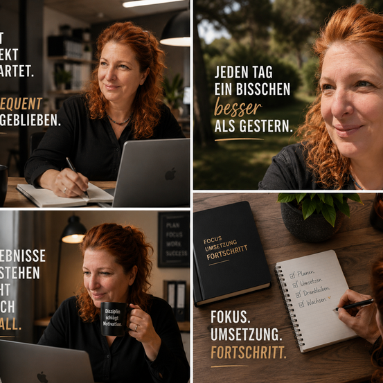 Eine Frau mit roten Haaren wird in vier verschiedenen Situationen gezeigt, jeweils mit motivierenden Zitaten. In der ersten sitzt sie neben einem Laptop und schreibt auf einem Notizblock. In der zweiten lächelt sie in die Kamera, mit einem Laptop vor ihr. In der dritten hält sie eine Kaffeetasse mit einem motivierenden Zitat. In der vierten schreibt sie mit einem Stift in einem Notizbuch.