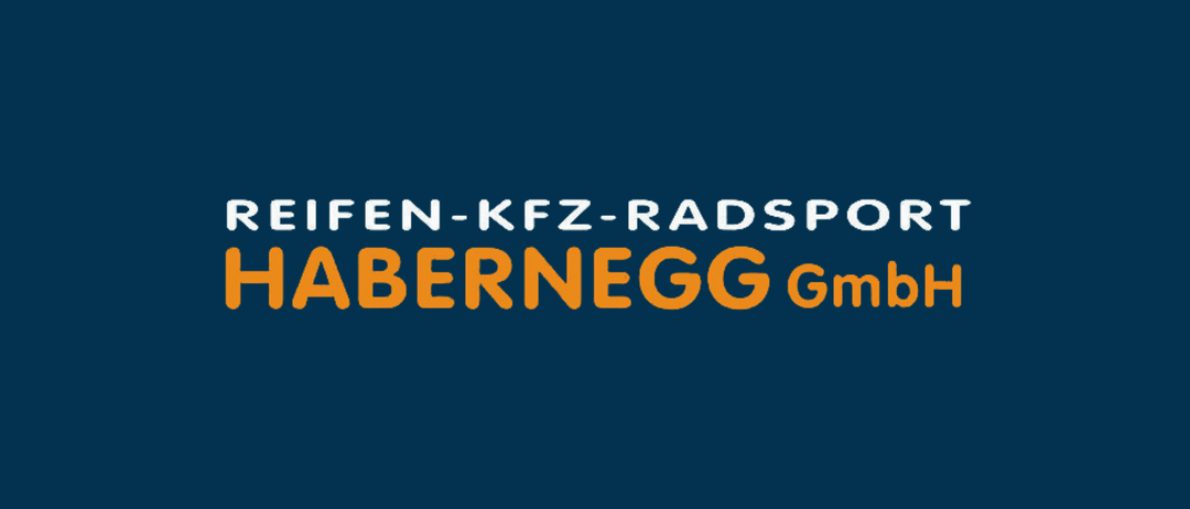 Auf einem blauen Hintergrund steht weißer Text, der 'REIFEN-KFZ-RADSPORT HABERNEGG GmbH' lautet. Der Firmenname ist in fetten, großgeschriebenen Buchstaben hervorgehoben.
