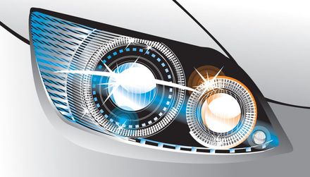 Eine abstrakte Illustration der Scheinwerfer eines Autos mit blauen und orangefarbenen Lichteffekten, die ein modernes und dynamisches Design zeigt.