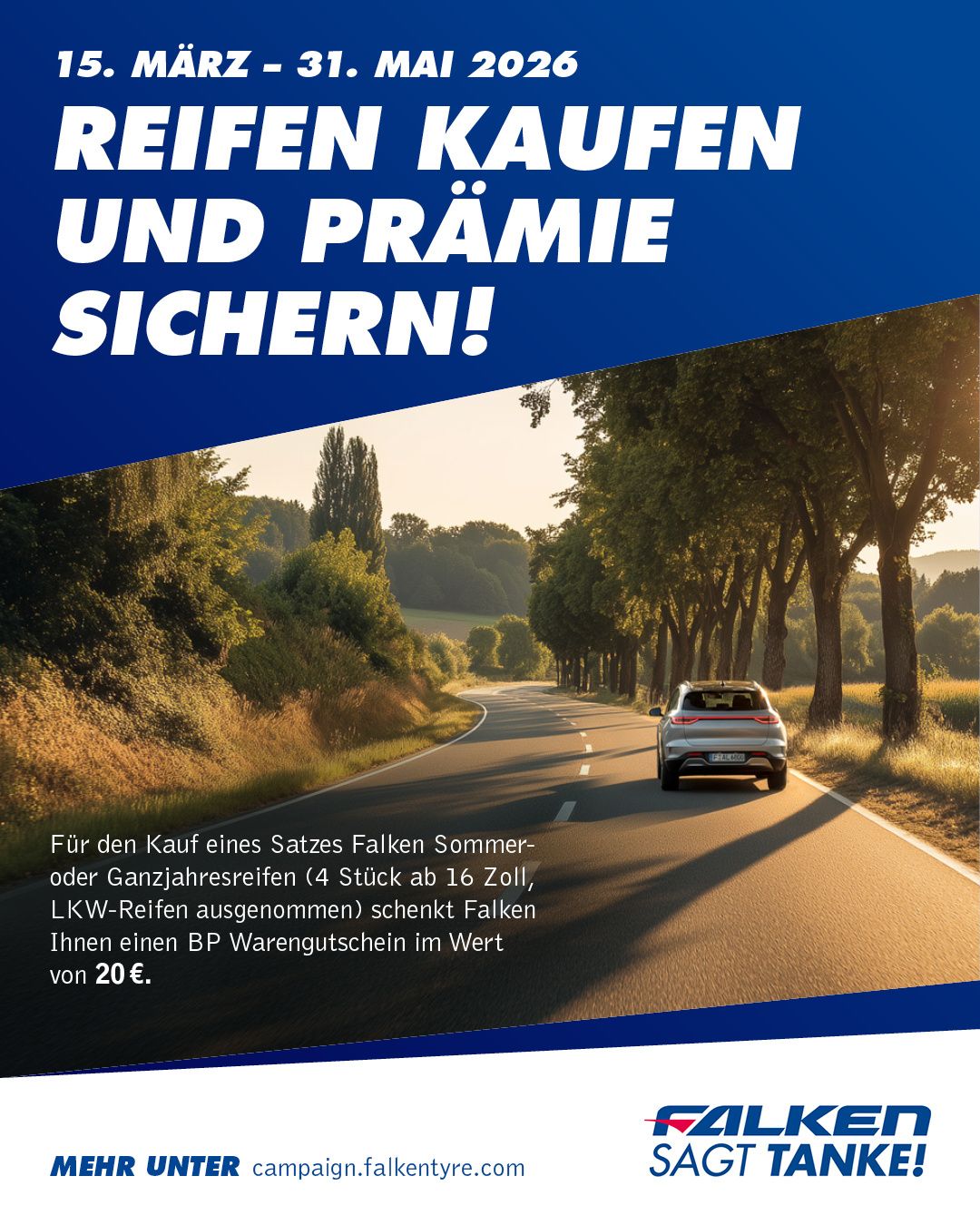 Eine Werbung zeigt ein Auto, das eine Straße mit Bäumen hinunterfährt. Der Titel deutet auf den Kauf von Reifen und Belohnungen hin. Der Text erklärt, dass der Kauf eines Satzes Sommer- oder Ganzjahresreifen eine BP-Geschenkkarte einbringt.