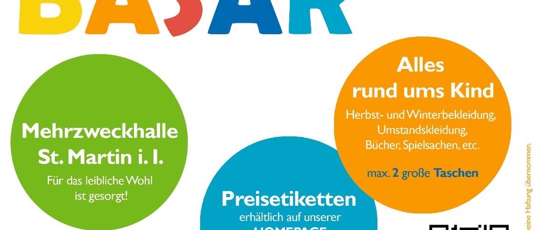 Ein Veranstaltungsposter für Kinder Basar, einen Kinderbasar am 11. Oktober 2025. Die Veranstaltung findet in der Mehrzweckhalle St. Martin statt. Verschiedene Artikel für Kinder sind zum Kauf erhältlich. Die Veranstaltung ist von 8:30 Uhr bis 13:00 Uhr für den Verkauf und von 14:00 Uhr bis 15:00 Uhr für die Abholung geöffnet.