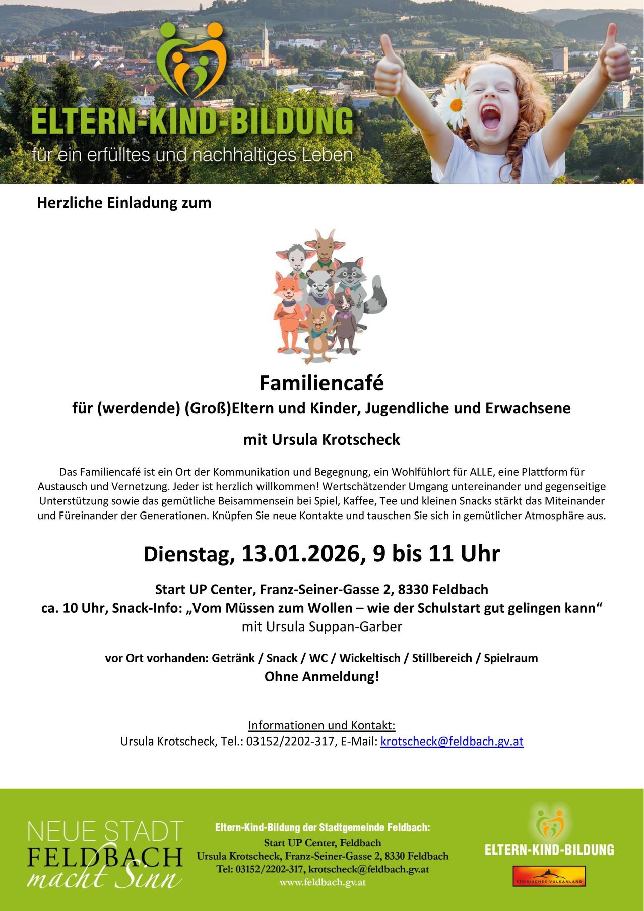 Ein Bild, das ein Familiencafé-Event für Eltern, Kinder, Jugendliche und Erwachsene mit Ursula Krotscheck bewirbt. Veranstaltungsdetails umfassen Datum, Uhrzeit, Ort und Verpflegung. Kontaktinformationen bereitgestellt.