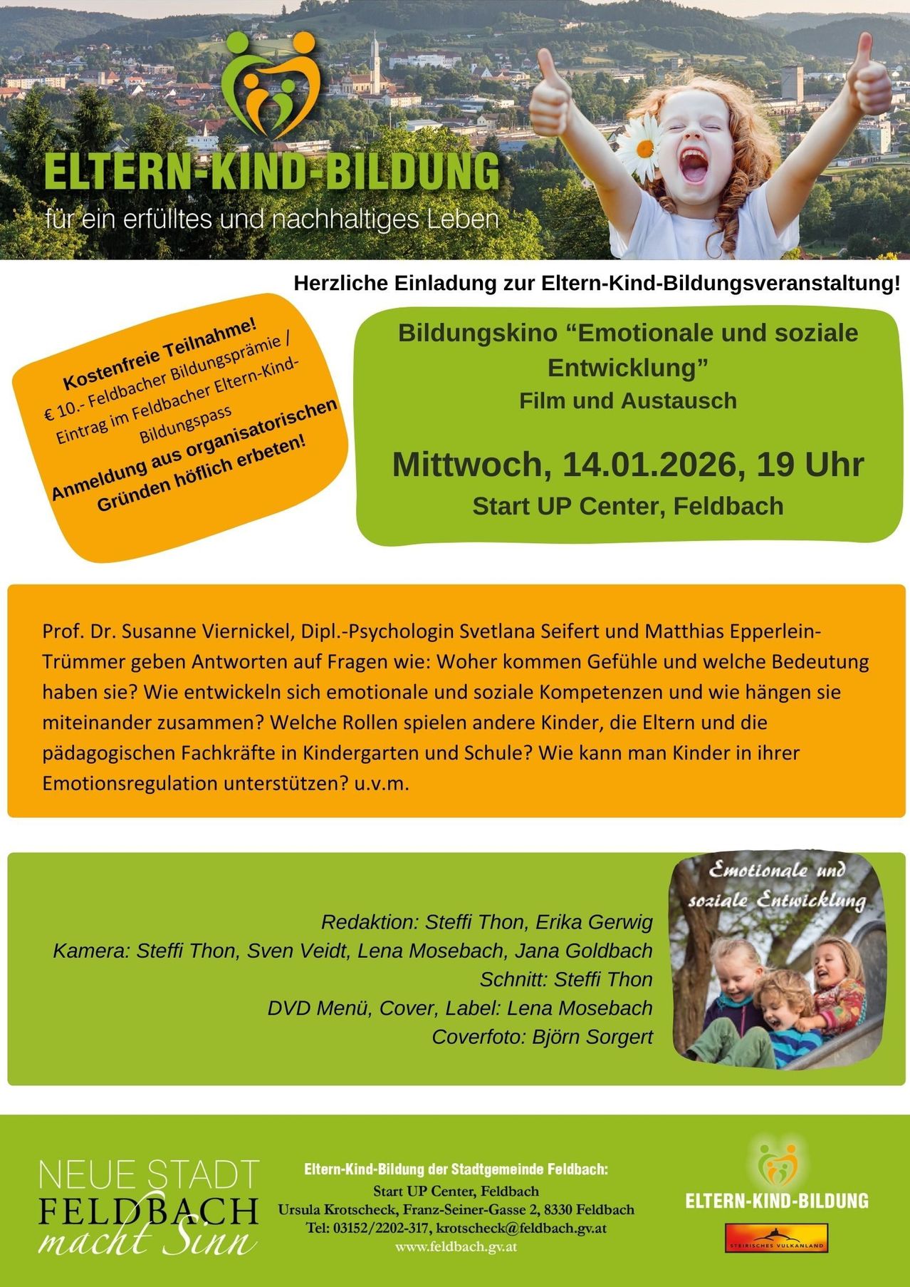 Plakat für eine Bildungsveranstaltung über emotionale und soziale Entwicklung bei Kindern. Die Veranstaltung umfasst einen Film und eine Diskussion. Geplant für den 14. Januar 2026, um 19:00 Uhr, im Start UP Center, Feldbach.