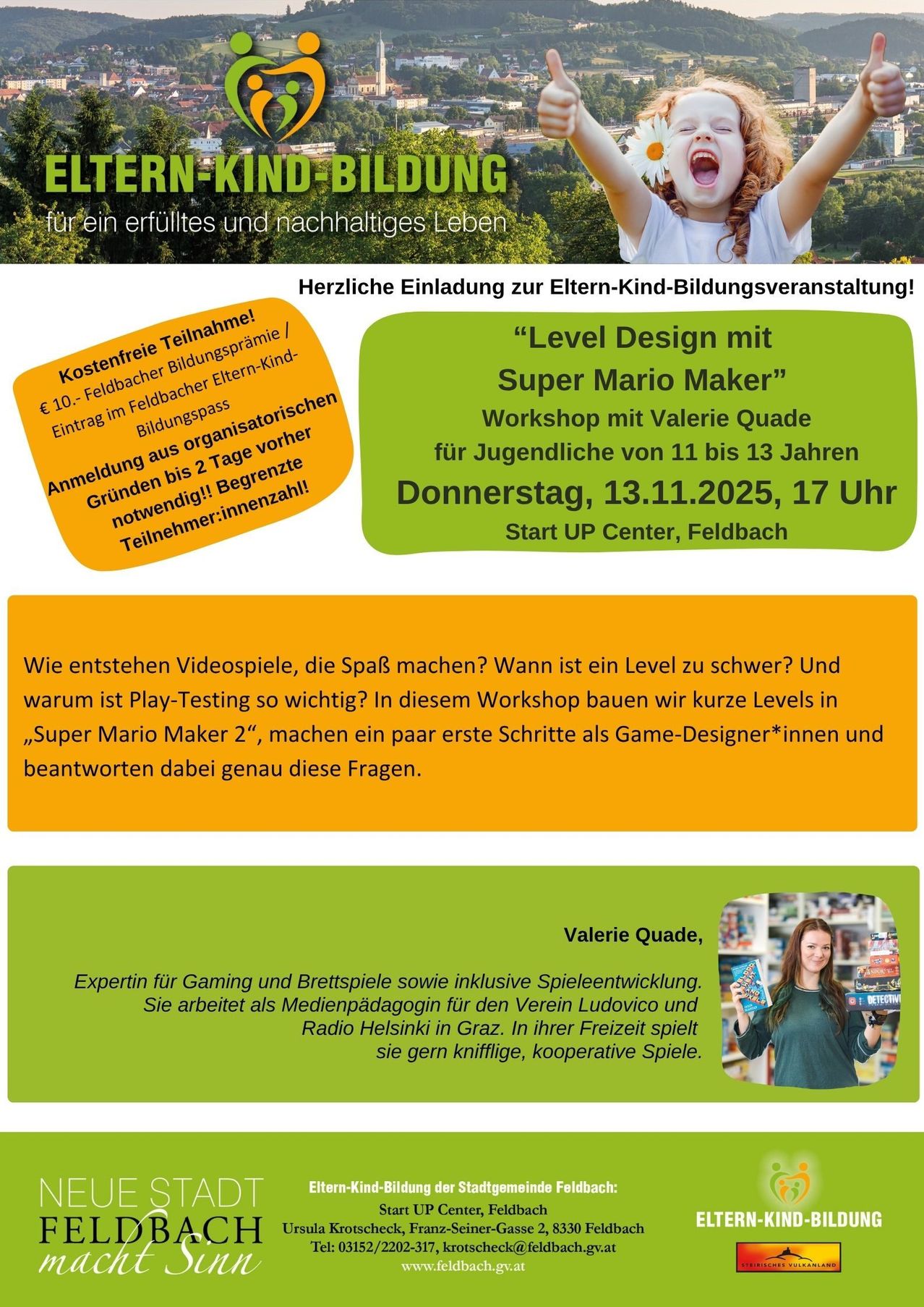 Einladung zur Eltern-Kind-Bildungsveranstaltung. Ein Workshop zum Level-Design mit Super Mario Maker von Valerie Quade für Jugendliche von 11 bis 13 Jahren. Donnerstag, 13.11.2025, 17 Uhr. Start UP Center, Feldbach.
