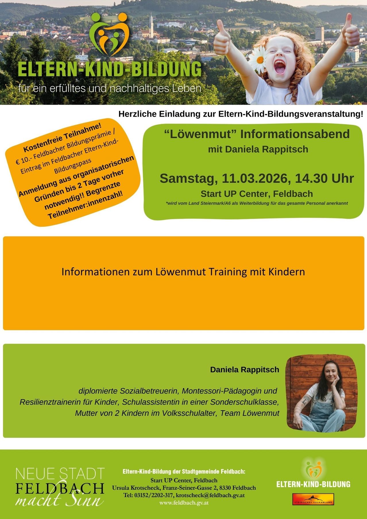 Eine Einladung zu einer kostenlosen Eltern-Kind-Bildungsveranstaltung. Kostenfreie Teilnahme, Anmeldung 2 Tage vorher. Samstag, 11.03.2026, 14:30 Uhr. Daniela Rappitsch, zertifizierte Sozialberaterin, Montessori-Pädagogin und Resilienztrainerin.