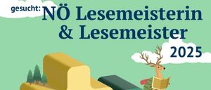 Plakat zeigt einen Bären, der ein Buch liest, einen Hirsch, der mit einem Rucksack liest, und ein Pluszeichen. Grüner Hintergrund mit weißen Wolken. Der Text lautet 'Nö Lesemeister & Lesemeister 20'.