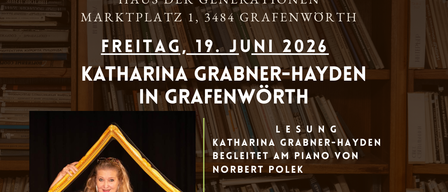 Ein Veranstaltungsposter für 10 Jahre Oeffentliche Bibliothek Grafenworth, mit einer Frau, die ein Buch liest, am 19. Juni 2026. Katharina Grabner-Hayden begleitet am Klavier von Norbert Polek.