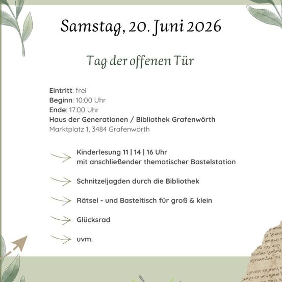 Plakat für den Tag der offenen Tür im Haus der Generationen/Bibliothek Grafenwörth. Datum: Samstag, 20. Juni 2026. Aktivitäten umfassen Vorlesestunden, eine Bastelstation und einen Rätsel- und Basteltisch für alle Altersgruppen.