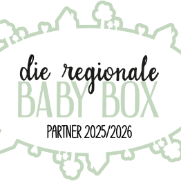 Logo für den regionalen Baby Box Partner für die Jahre 2025/2026. Der Text 'die regionale BABY BOX' ist in grüner Schrift auf schwarzem Hintergrund zu lesen.