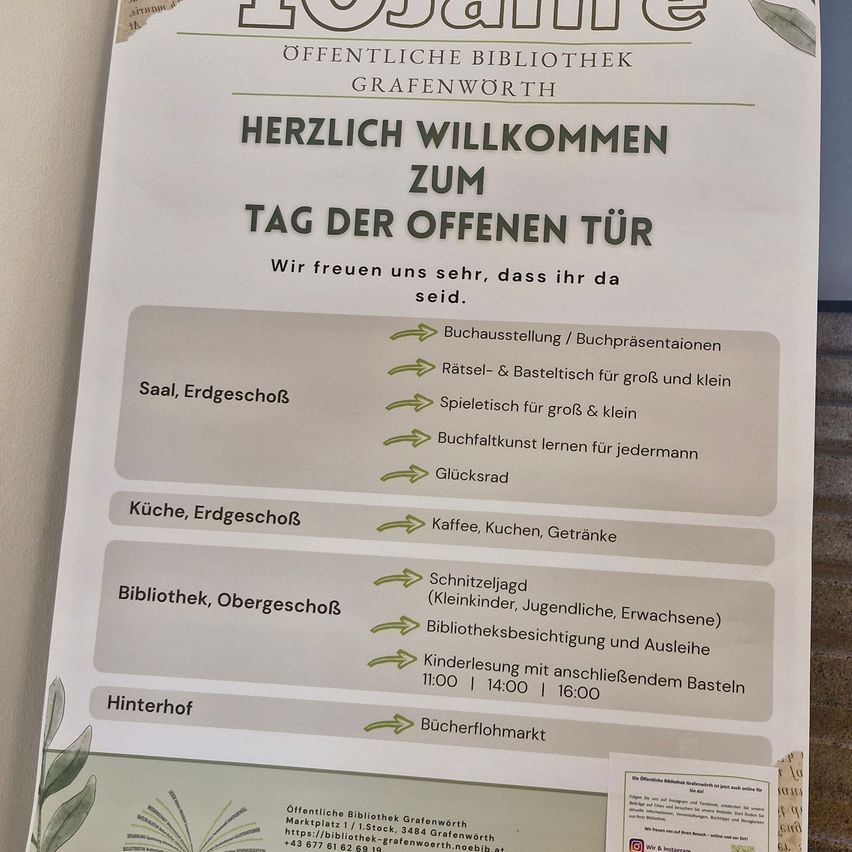 Plakat für die öffentliche Bibliothek Grafenworth. Gäste zum Tag der offenen Tür willkommen mit verschiedenen Aktivitäten wie Buchausstellungen, Leserunden, Bastelarbeiten, Spielen, Buchkunst, Wahrsagerei, Kaffee, Küche und Erfrischungen.