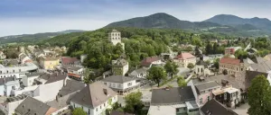 Ein Luftbild einer Stadt mit vielen Häusern, Bäumen und Bergen im Hintergrund. Ein Turm befindet sich in der Mitte der Stadt.
