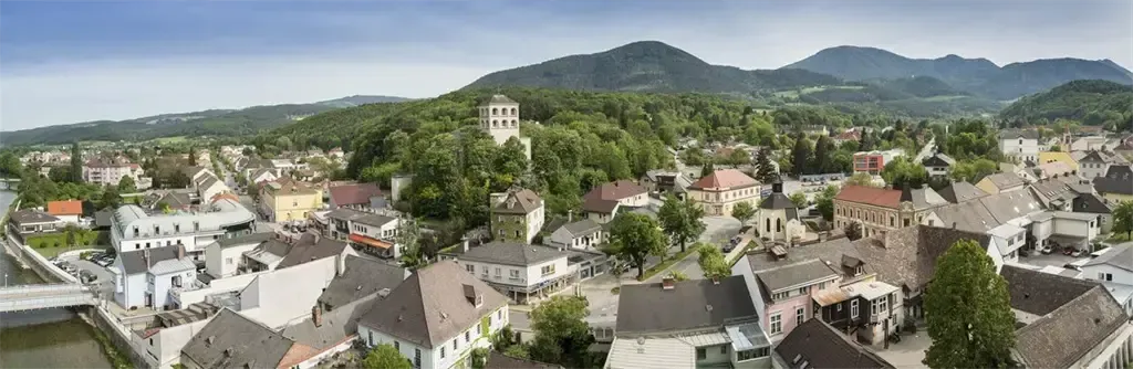Ein Luftbild einer Stadt mit vielen Häusern, Bäumen und Bergen im Hintergrund. Ein Turm befindet sich in der Mitte der Stadt.