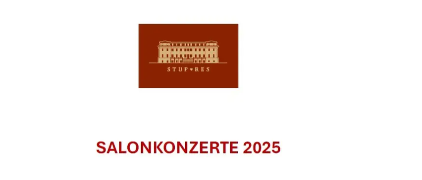 Das Bild zeigt ein Logo für Salonkonzerte 2025 mit einem stilisierten Gebäude und dem Text STUP+RES. Das Gebäude scheint ein großes architektonisches Bauwerk zu sein.