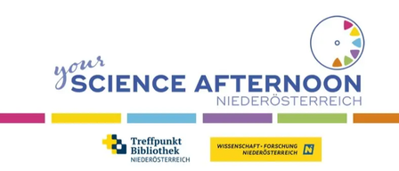 Dein Wissenschaftlicher Nachmittag-Banner für Niederösterreich. Es zeigt ein Logo mit bunten Formen und beinhaltet Logos für Treffpunkt Bibliothek Niederösterreich und Wissenschaft Forschung Niederösterreich.
