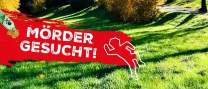 Ein Werbebild für Murder Dinner mit einem malerischen Blick auf eine Kirche in einem Park mit Herbstlaub. Eine rennende Figur ist auf dem Rasen.