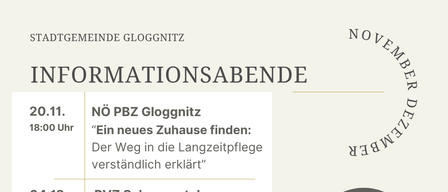 The image features two event announcements. The first event is titled 'No PBZ Gloggnitz' and is scheduled for 20.11 at 18:00. The second event is titled 'PVZ Schwarztal' and is scheduled for 04.12 at 18:00. All events are free and accessible in the Stadtsaal Gloggnitz.