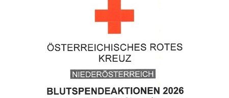 Weißer Hintergrund mit einem roten Kreuzsymbol, der Text lautet 'Österreichisches Rotes Kreuz Niederosterreich Blutspendeaktionen 2026 der Ortsstelle Gloggnitz'. Das Kreuz ist zentriert und groß.