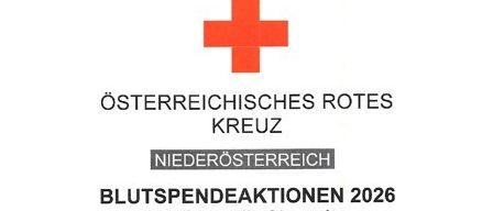 Weißer Hintergrund mit einem roten Kreuzsymbol, der Text lautet 'Österreichisches Rotes Kreuz Niederosterreich Blutspendeaktionen 2026 der Ortsstelle Gloggnitz'. Das Kreuz ist zentriert und groß.