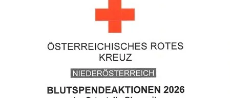 Ein Bild des Roten Kreuz Logos mit dem Text 'Österreichisches Rotes Kreuz Niederösterreich Blutspendeaktionen 2026' unten.