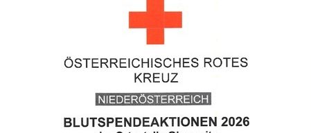 Ein Bild des Roten Kreuz Logos mit dem Text 'Österreichisches Rotes Kreuz Niederösterreich Blutspendeaktionen 2026' unten.