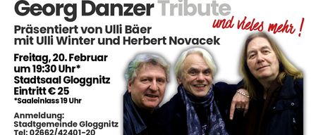 Poster mit drei lächelnden Personen, mit Text 'g Danzer Tribute' und 'ert von Ulli Bäer Winter und Herbert Novacek'. Darunter steht '1. Februar Uhr* Gloggnitz 5 9 Uhr' und 'nde Gloggnitz 2401-20'.