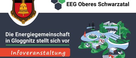 Poster for an information event by the energy cooperative in Gloggnitz. Date: Wednesday, March 11, 2026, 6:00 PM. Location: City Hall, Gloggnitz, or online. Everyone welcome, including landlords and tenants. Register for free now.