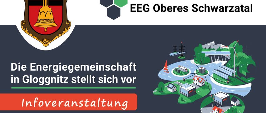 Plakat für eine Informationsveranstaltung der Energiegenossenschaft in Gloggnitz. Datum: Mittwoch, 11. März 2026, 18:00 Uhr. Ort: Stadtsaal der Gemeinde Gloggnitz, Sparkassenplatz 5, 2640 Gloggnitz oder online. Alle willkommen, auch Vermieter und Mieter. Jetzt kostenlos anmelden.