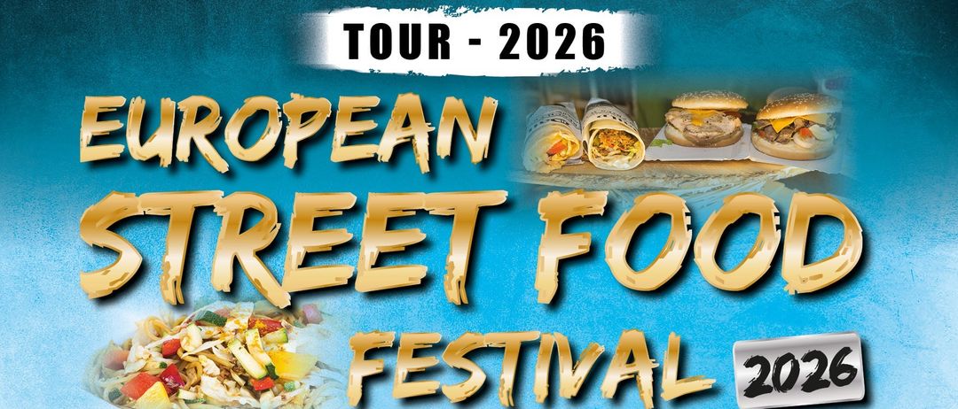 Plakat für das Street Food Festival in Gloggnitz im Mai 2026. Es zeigt Bilder von verschiedenen Speisen, einer Menschenmenge und Food Trucks.