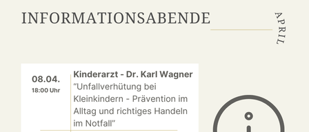 Informationsabende. Am 8. April präsentiert ein Kinderarzt zur Unfallverhütung bei Kleinkindern. Am 29. April spricht ein Vertreter von Neunkirchen/Caritas Wien über Fürsorge und Abschied. Alle Vorträge finden im Stadtsaal Gloggnitz statt und sind kostenlos.