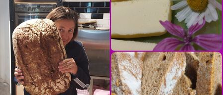 Ein Collage mit einer Frau, die ein großes Brot hält, einem Stück Käse, einer Nahaufnahme von Brotscheiben und einer violetten Blume.