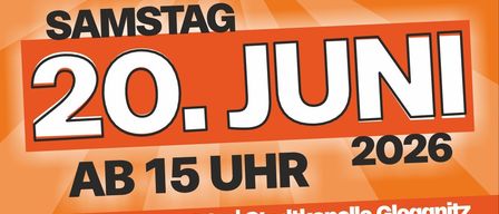 Plakat für Gloggnitz Fest, geplant für Samstag, 20. Juni 2026, Beginn um 15 Uhr. Mit Weinbläser AG, Stadtkapelle Gloggnitz und mehr.