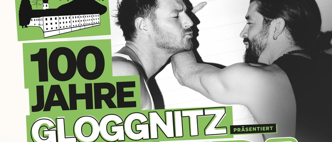 Plakat zur Feier der 100-jährigen Geschichte von Gloggnitz, mit den Bands Pizzeria und Jaus. Veranstaltung am 31. Oktober 2026 in der Krammer-Arena, Gloggnitz. Unterstützt von Miracle 66 und Marten.