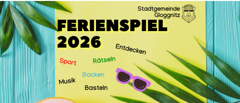 Ein Plakat für die Ferienspiele 2026 mit Aktivitäten wie Sport, Rätseln, Backen, Musik und Basteln.