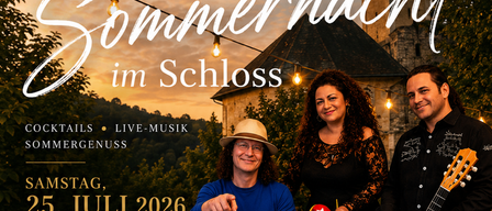 A poster advertising a summer night event at a castle on July 25, 2026, featuring three musicians with instruments and a cocktail glass in the foreground.
