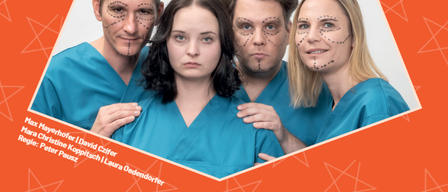 Plakat für eine Theateraufführung mit dem Titel 'Ur Faust, Ure Goethe', das vier Personen in blauen medizinischen Uniformen mit bemalten Gesichtern vor einem orangefarbenen Hintergrund mit weißen Sternen zeigt. Die Veranstaltung ist für den 30. September 2026 um 19:00 Uhr geplant.