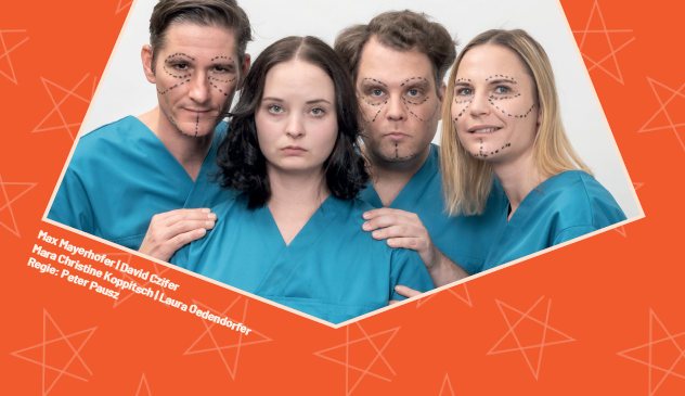 Plakat für eine Theateraufführung mit dem Titel 'Ur Faust, Ure Goethe', das vier Personen in blauen medizinischen Uniformen mit bemalten Gesichtern vor einem orangefarbenen Hintergrund mit weißen Sternen zeigt. Die Veranstaltung ist für den 30. September 2026 um 19:00 Uhr geplant.