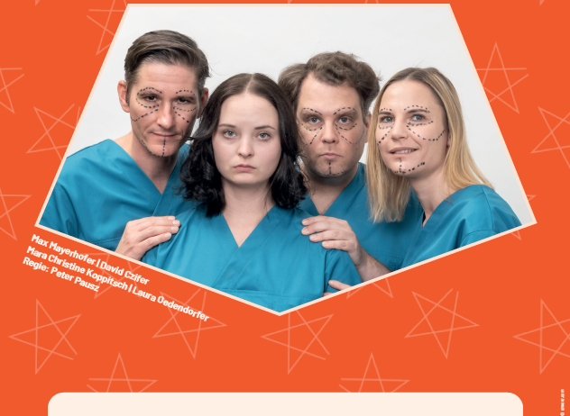Plakat für eine Theateraufführung mit dem Titel 'Ur Faust, Ure Goethe', das vier Personen in blauen medizinischen Uniformen mit bemalten Gesichtern vor einem orangefarbenen Hintergrund mit weißen Sternen zeigt. Die Veranstaltung ist für den 30. September 2026 um 19:00 Uhr geplant.