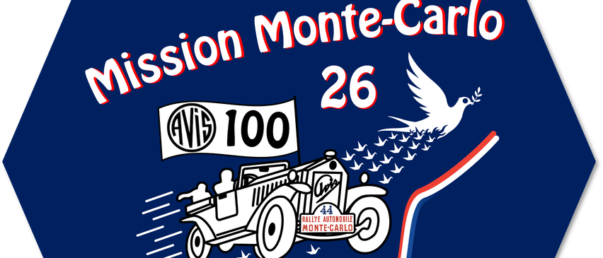 Illustration eines Oldtimers mit dem Text 'Mission Monte-Carlo 26' und 'AVIS 100' auf blauem Hintergrund mit einer Schar fliegender Tauben.