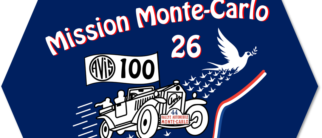 Illustration eines Oldtimers mit dem Text 'Mission Monte-Carlo 26' und 'AVIS 100' auf blauem Hintergrund mit einer Schar fliegender Tauben.