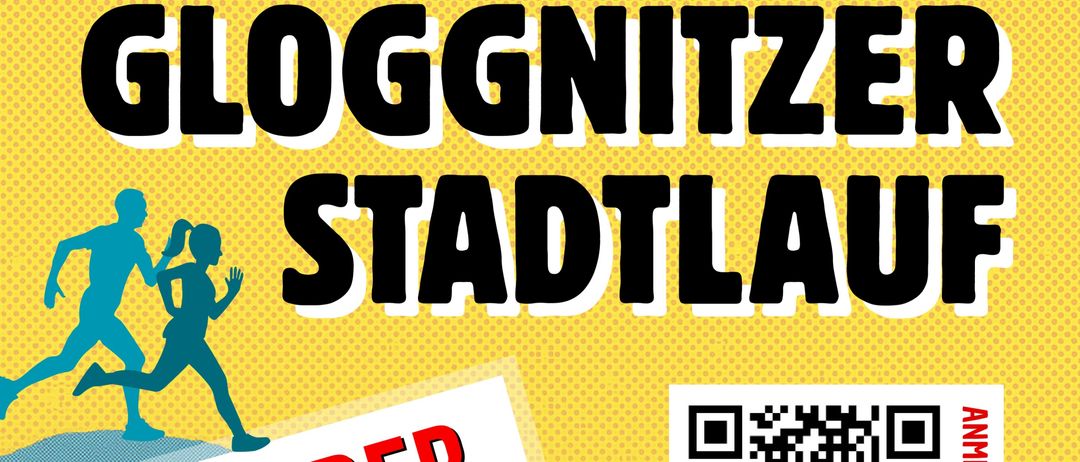 Plakat für die Stadtlauf-Veranstaltung am 4. Oktober 2026 mit verschiedenen Laufkategorien und einem QR-Code für die Anmeldung.