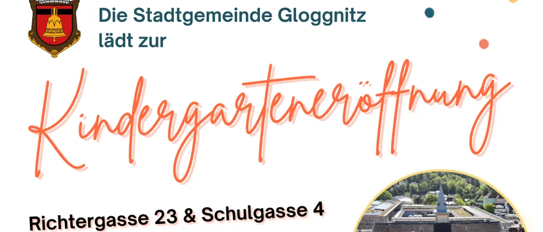 Plakat für eine Kindergarteneröffnungsveranstaltung am 17. Oktober 2026 um 13.00 Uhr. Zeigt zwei Gebäude und einen Zeitplan für Besuche und ein Musikprogramm.