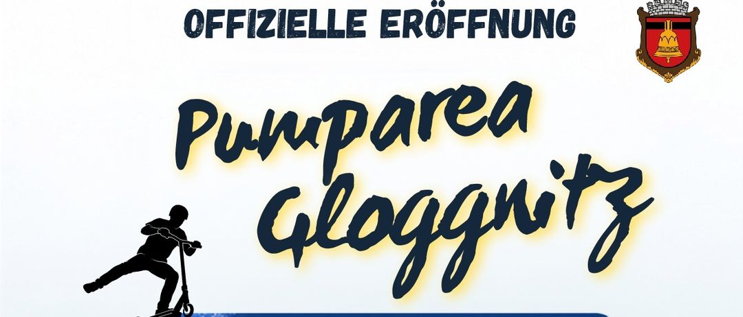 Plakat für das Pumptrack Gloggnitz Event am 22. September 2026. Zeigt einen Skateboarder, einen Radfahrer und eine Karte der Strecke. Das Event beinhaltet Eröffnung, Showfahrten und Fahrradverleih.