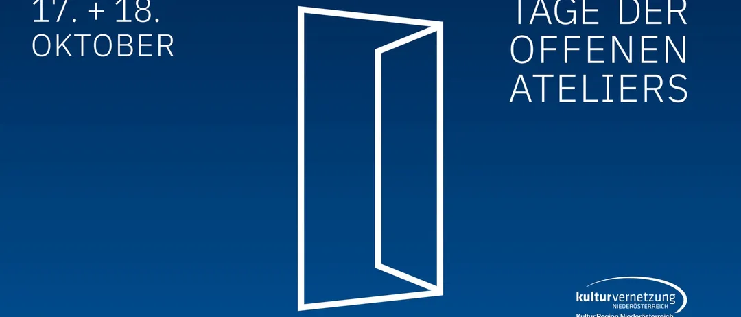 Ein minimalistisches Design einer offenen Tür auf blauem Hintergrund mit den weißen Worten 'TAG OFF ATE'.