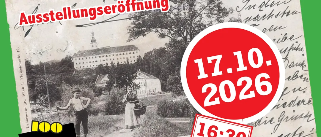 Ein Plakat für das Karl Renner Museum in Gloggnitz, Österreich, mit einem historischen Bild eines Mannes und einer Frau in einem Garten, mit dem Datum und der Uhrzeit einer Ausstellungseröffnung.