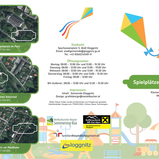 Ein Flyer informiert über einen Naturspielplatz. Er beinhaltet Öffnungszeiten, Kontaktdaten und Designcredits. Der Spielplatz befindet sich in 5 Geraten, mit Öffnungszeiten von 8:00 bis 15:30 Uhr. Kontaktmöglichkeit besteht per E-Mail an stadtgemeinde@gloggnitz.gv.at oder telefonisch unter +43 02642/42401-0.