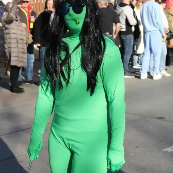 Eine Person in einem komplett grünen Kostüm steht in einer Menschenmenge, trägt eine Sonnenbrille und Handschuhe. Hinter ihr sind mehrere Personen in verschiedenen Kleidungsstücken zu sehen, einige davon unscharf.