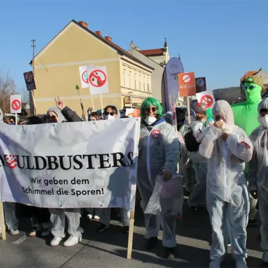 Eine Gruppe von Menschen in Schutzanzügen und Masken marschiert bei einer Demonstration und hält ein Banner mit der Aufschrift 'MOLDBUSTERS.' Sie stehen vor einem Gebäude mit Schornstein.