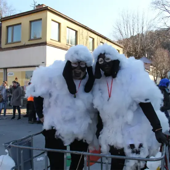 Zwei Personen in Schafskostümen mit weißen flauschigen Mänteln stehen neben einem Metallzaun. Dahinter versammeln sich mehrere Leute, die zuschauen. Ein Gebäude mit Fenstern und einem Schornstein ist im Hintergrund zu sehen.