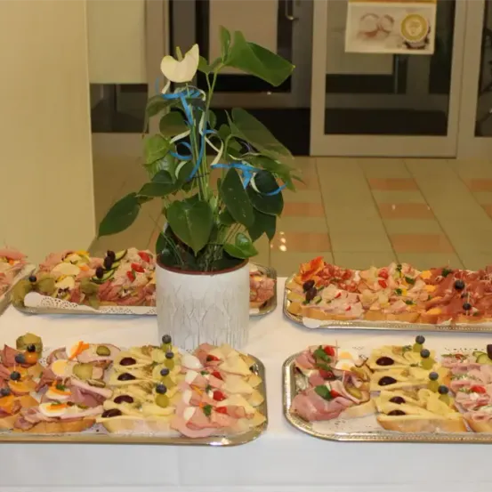 Ein Tisch zeigt mehrere Platten mit Sandwiches und Vorspeisen. Eine Topfpflanze steht in der Mitte der Platten. Die Sandwiches haben verschiedene Beläge.