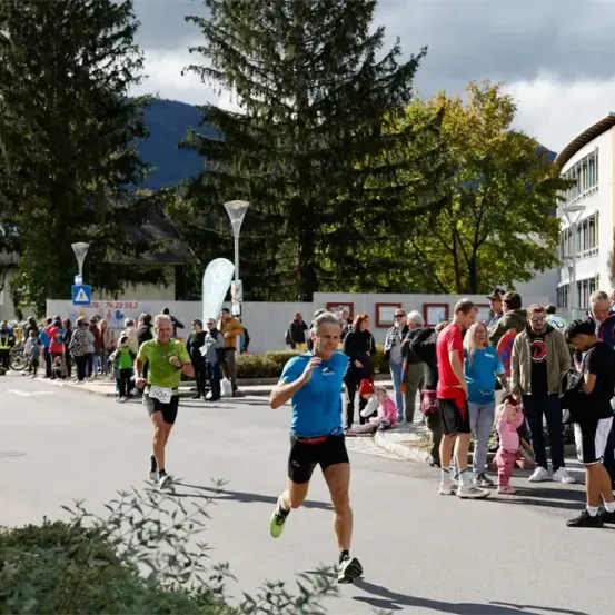 Ein Marathon findet in einer Stadt statt, mit Läufern in der Führung, gefolgt von Zuschauern. Einige Leute stehen auf dem Bürgersteig, während andere auf dem Rasen sitzen. Bäume und Straßenlaternen befinden sich am Straßenrand.